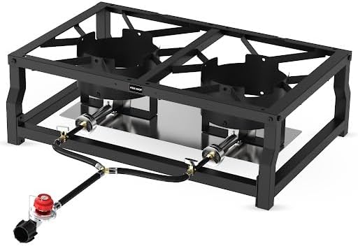 Estufa de campamento de doble quemador de mesa, cocina portátil de gas propano de 100,000 BTU con regulador CSA, marco de acero resistente para