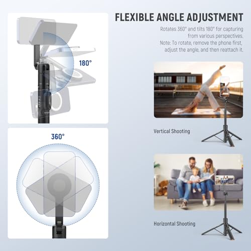 Image of NEEWER Basics 5.48' Magnetic Selfie Stick Tripod Compatible with MagSafe iPhone Android, Portable Travel Cell Phone Stand with Remote, One Button Unfold for Vlog Video Recording Streaming, PA989