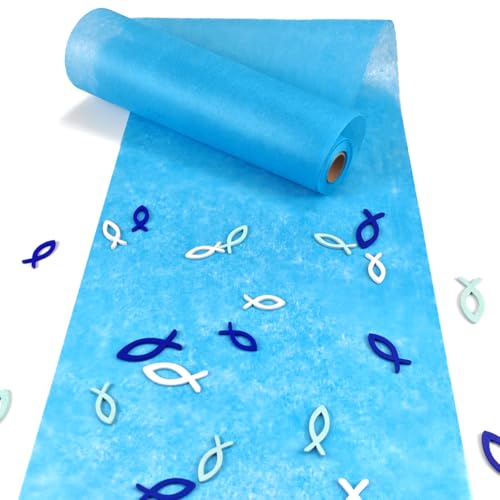 VOPIWOZ 30cm x 10m dekoratives Tischband, Vlies Tischläufer Blau, Tischläufer Frühling, Enthält 45 Holzfische Kommunion Deko, Taufe Deko Junge und Mädchen, Tischläufer Moderne für Konfirmation Deko