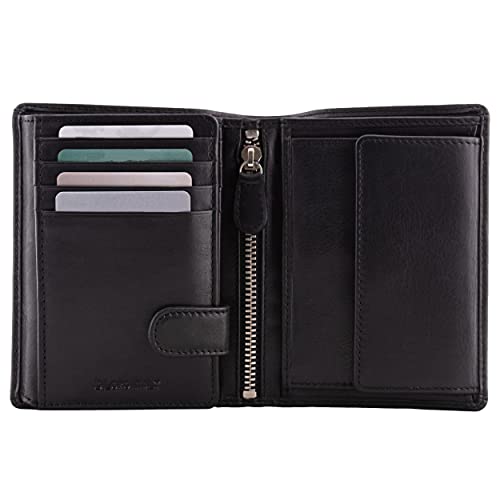 DiLoro Mens Full Size Large Capacity Genuine Full Grain Leather Wallet Bifold Flip ID Coin & Zip Pockets RFID Blocking Anti-Theft (Black Nappa)