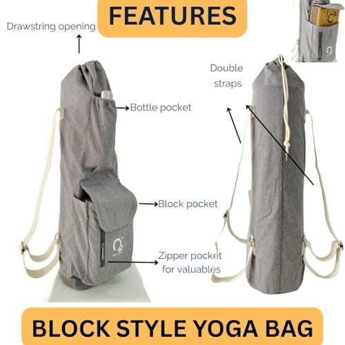 Image of O2 Yoga Mat Bag | Block Style Cotton Yoga Mat Carry Bag with Adjustable Double Straps | Yoga Block Pocket with Bottle Holder | Yoga Mat Cover Bag for Women & Men | Fits 2mm-10mm Mats - Light Grey