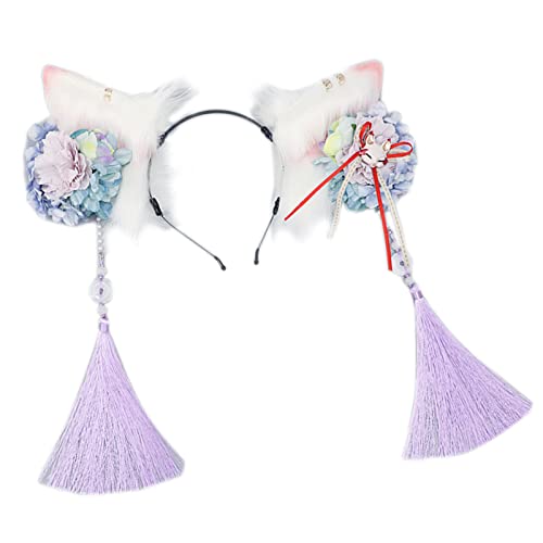 Serre-tête oreilles de chat avec fleurs en fourrure douce et arceau flexible