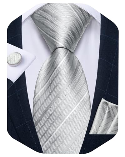 Image of DiBanGu Striped Tie Set for Men Silk Woven Plaid Necktie and Pocket Square Cufflinks Business Wedding