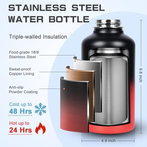 Image of GAZLEMHO Insulated Water Bottle 64 oz, Half Gallon Water Jug Cold 48H, BPA Free Stainless Steel Bottles with Straw /Chug 2-in-1 Lid, Bag, Paracord Handle, Silicone Boot, Sports Gym School Metal Flask