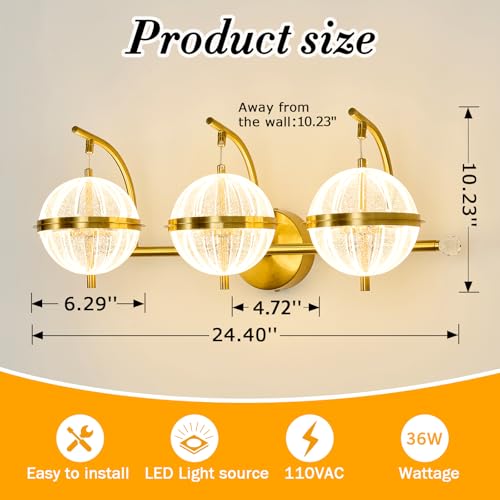 Image of UOFUS Gold Bathroom Lighting Fixtures Over Mirror Modern LED Vanity Light with Globe Acrylic LampShade 3 Lights Wall Sconces Indoor