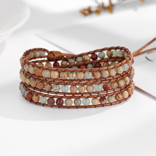 Image of Plumiss Women Boho Handmade Natural Stone Crystal Leather Bead Wrap Bracelets Collection