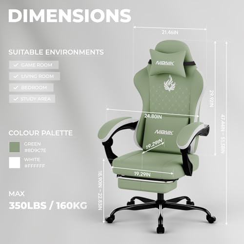 Image of Gaming Chair with Massage,Ergonomic PC Gaming Chair Computer Chairs with Footrest Comfortable Headrest and Lumbar Support, High Back GREENWHITE