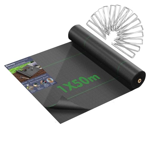 BEEWAY Weed Control Membrane 1m x 50m/Roll 90gsm with 50 Pegs 6"/150mm Φ3mm, Heavy Duty Weed Barrier Fabric, UV Stabilised Black Woven Ground Cover for Garden Patio Landscaping