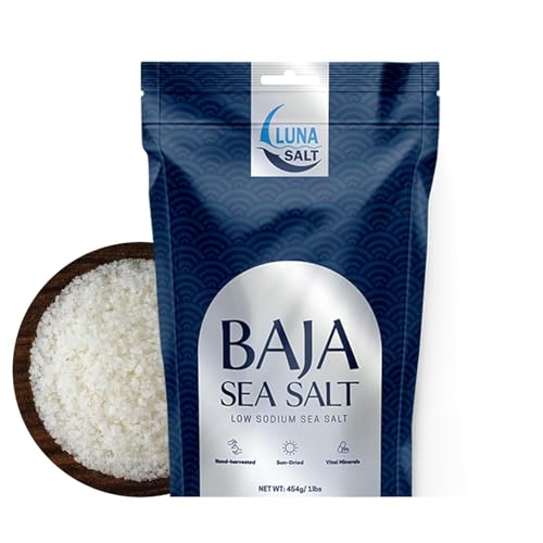 Sal marina BAJA - 16 oz, cosechada a mano, secada al sol, con más de 90 elementos, sal gourmet baja en sodio - Especia premium para cocinar y saludable - Bolsa resellable