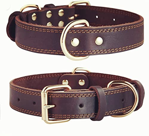 SLZZ Premium Real Genuine Leather Dog Collar/Soft Touch Heavy Duty Genuine Leather/Adjustable Perfect for Male Female Medium Dogs-Brown-M