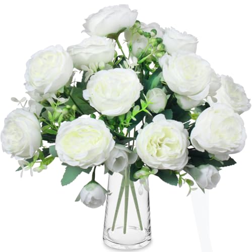 ZGTS 3 Bunches Peony Artificial Flowers Silk Peonies Bouquets Pink Flowers for table Centerpieces Floral Arrangement Faux Flower for Home Kitchen Garden Party Wedding Decoration (White)