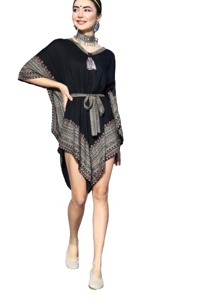 Women's Black Ethnic Motifs Kaftan - Rayon Fabric, Kaftan sleeves, V-Neck and Hips Length,Free Size.
