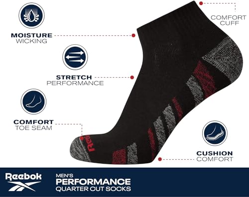 Reebok Men's Quarter Socks - 6 Pack Cushion Quarter Cut Ankle Socks for Men - Breathable Men's Athletic Socks (Size: 6-12.5)3