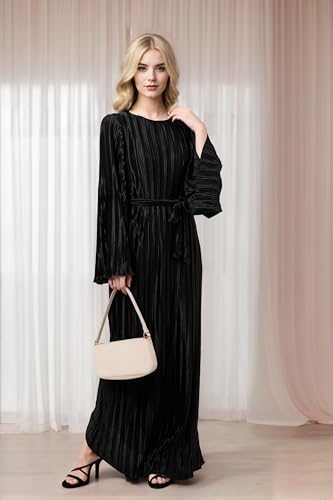 Image of Pluto & Fox Women's Crew Neck Plisse Maxi Dress Long Sleevele Flared Cuffs Belted Pleated Party Cocktail Wedding Guest Dress
