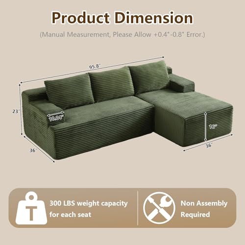 Image of 96.1 inch Modular Sectional Sofa Couches L-Shape Couch 3 Seat Modular Sofa Corduroy Memory Foam Sectional Boneless Couches for Living Room, Cloud Couch with Oversized Chaise(Green, Right Facing)