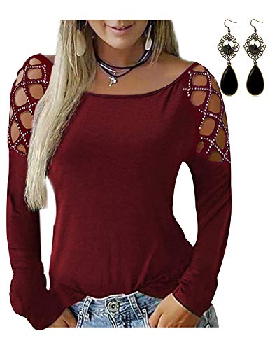 BUOYDM Mujer Camisas Manga Larga Top Mujeres Camiseta Casuales de Ajuste Holgado Camisa Off Shoulder Blusas de Color Sólido Tops Rojo S