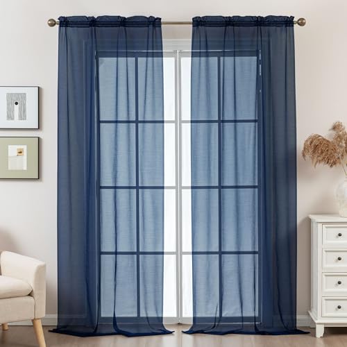 Image of Navy Blue Sheer Curtains 96 Inches Long, Privacy Semi Sheer Curtains for Living Room Bedroom, Light Filtering Rod Pocket Voile Window Drapes 2 Panels Set, Each 42 inch W x 96 inch L