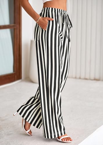 PRETTYGARDEN Women's Wide Leg Lounge Pants 2025 Summer Drawstring Elastic Waist Comfy Striped Pajama Bottoms Trendy Clothes