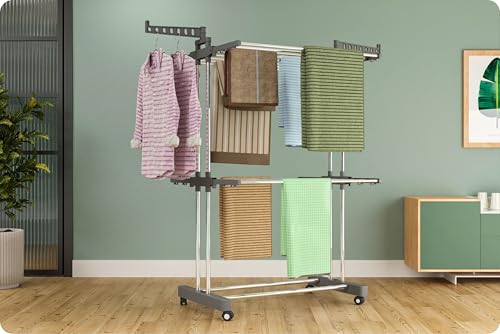 Image of Amiraj Premium Stainless Steel Clothes Drying Stand | 2 Tier 2 Pole Foldable Laundry Rack with Wheels & Sock Holder | Heavy Duty Indoor & Outdoor Cloth Dryer for Balcony, Terrace & Home - Gray