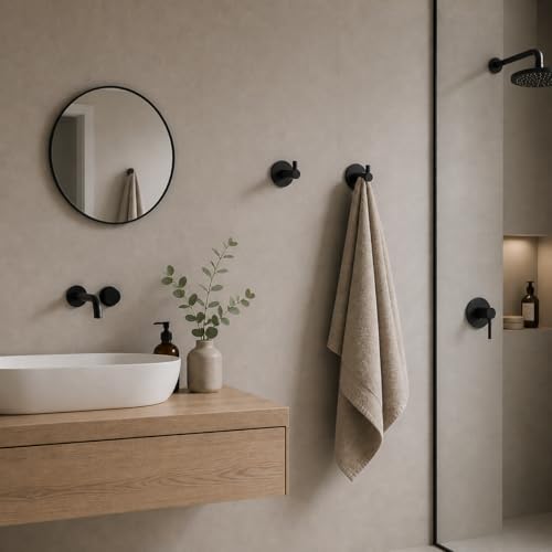 Miniatura 5 de Kon-Fort Home Colgador Toalla Baño Negro 2 Unidades, Diseño Acero Inoxidable Aisi 304, Negro Mate Con Tornillo.
