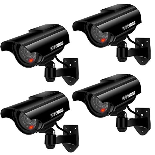 AlfaView Cámara Falsa Cámara de vigilancia Falsa simulada con Bala Solar Cámara Domo CCTV de Seguridad con luz LED Intermitente para Exteriores Interiores hogar Negocios (Negro-4 Paquete)