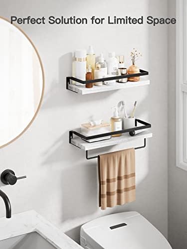 Pipishell Floating Shelves, Wall Mounted Hanging Shelves, Decorative Storage Shelf with Towel Bar for Bathroom Kitchen Living Room, Set of 2 White, 42x15cm (PIFS04W)