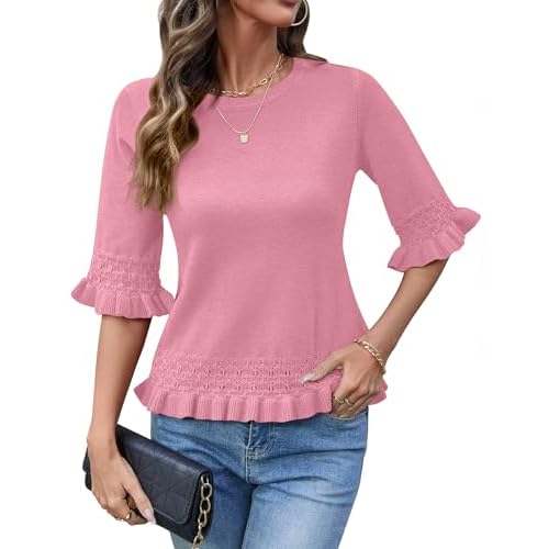AKEWEI Womens 3/4 Sleeve Pullover Sweater Crewneck Knit Peplum Tops Lightweight Casual Going Out Outfits Pink Medium