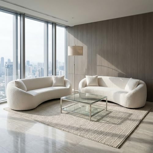 Image of 2-Piece Curved Sofa Set, 93.31 inch 3-Seater Modern Boucle Sofas, Solid Wood Frame, Deep Seat No Assembly Required, Living Room Sofa Set for Large Space, White