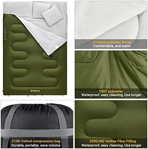 KingCamp Double Sleeping Bag Oxygen with 2 Pillows Queen Size & Extra-Large Rectangular Sleeping Bags for Adults 4 Seasons Waterproof Envelope Sleeping Bag for Camping Festivals Hiking Indoor Outdoor