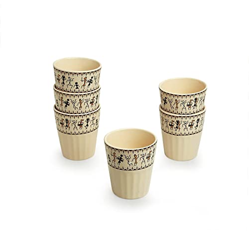 Image of ExclusiveLane 'Whispers of Warli' Handcrafted Ceramic Tea Glass Set Tea Cups for Tea Glasses Set of 6 (160 ML, Microwave Safe, Dishwasher Safe) Cearmic Tea Cups Set Chai Tea Glasses for Tea Chai Cups