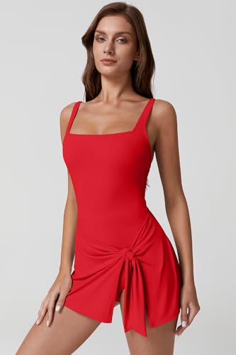 Image of QINSEN Square Neck Swim Dress for Women Tummy Control One Piece Swimsuit Wrap Bathing Suit