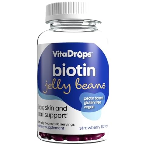 VitaDrops Biotin Jelly Beans, 10,000 mcg of Biotin, Supports Healthy Hair, Skin & Nails, Pectin Based, Vegan & Gluten Free, Strawberry Flavor, 120 Jelly Beans, 30 Servings Cover