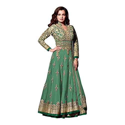 Robe Anarkali longue brodée femme vêtement ethnique georgette verte 28-42