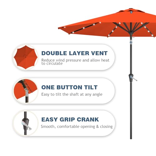 Image of 9FT Patio Umbrella with Solar Lights,Outdoor Market Umbrella with Tilt and Crank, LED Lighted Table Umbrella for Garden,Deck,Backyard,Pool,Beach (Orange)