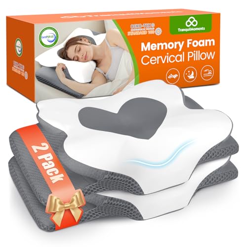 TranquilMoments Cervical Neck Pillow for Sleeping, Memory Foam Pillow for Neck Support, Set of 2 Ergonomic Pillow for Pain Relief, Contour Bed Pillow for Side Back Stomach Sleepers, Grey Standard Size