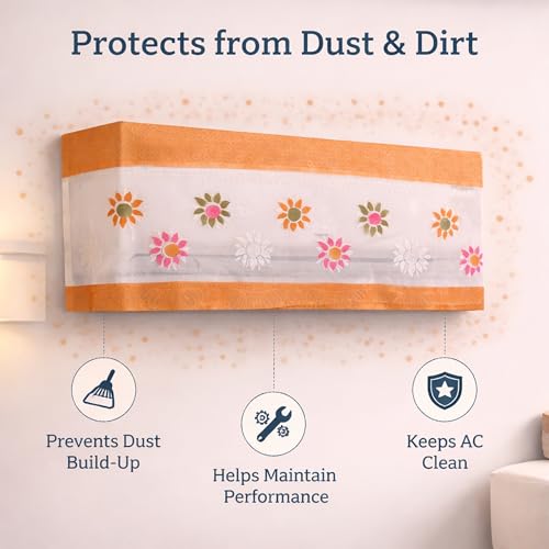 Image of Cotton Net Split AC Cover Indoor Unit for 2 Ton Capacity AC, Premium Work Indoor AC Dust Protection Cover Designer Summer Ac Cover for 2 Ton Ac (38 X 15.35 X 7.8 inch, Orange Flower)