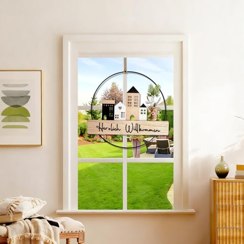 Türkranz Willkommen Schild - Willkommensschild Haustür aus Holz 20cm, Leichter Türkranz außen für Türdeko Haustür, Dekokranz ganzjährig für Geschenkideen, Garten und Wohnzimmer