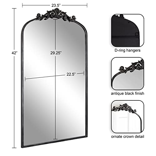 Image of Kate and Laurel Arendahl Vintage Glam Arched Tall Panel Mirror; 24 x 42; Antique Black; Traditional Baroque Large Body Wall Mirror with Ornate Garland Inspired Crown