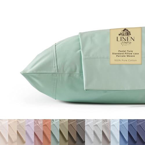 Linen Home 100% Cotton Percale Pillowcases Queen Size, Pastel Turk, 2 Pieces of Pillow Case, Crisp and Cool Strong Bed Linen, 20 inches X 30 inches