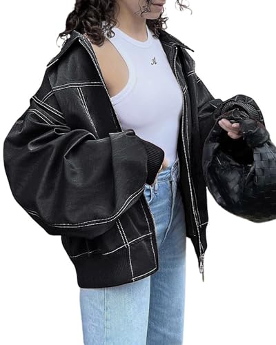 utcoco Women's Faux Leather Motorcycle Jacket Oversized Zip Up Winter Coat Outerwear 2025 Fall...