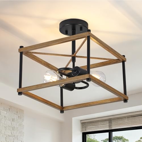 Flush Mount Ceiling Light Farmhouse Style, Wood Look Metal Ceiling Light Fixture for Living Room Dining Room Hallway Bedroom, E26 Base Light Fixtures Ceiling Mount, Black Rustic Ceiling Light