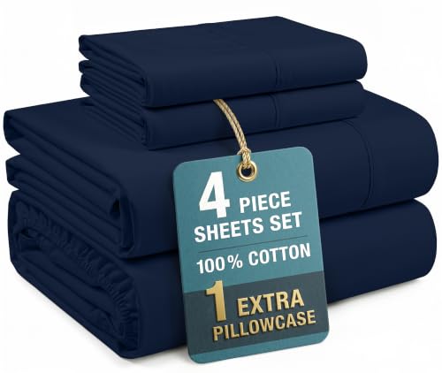 Casa Platino Twin Sheets Set – 100% Cotton Bed Sheets Twin, Breathable & Crisp Percale 4 Piece Set, 15" Deep Pocket for A Secure Fit, Ultra Soft & Cozy, Fit – Navy Blue