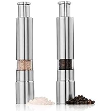 Salt and Pepper Grinder Set of 2 with Modern Thumb Push Button Grinder, Stainless Steel, for Black Pepper, Sea Salt and Himalayan Salt.