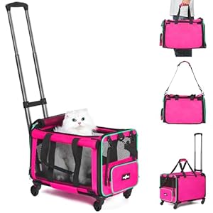 Airline Approved Pet Carrier with Wheels, Foldable Rolling Cat Dog Carrier with Wheels Telescopic Handle for Outdoor Vet Visits, Cat Carrier Travel Bag for Cat Dog Under 20 lbs, Pink