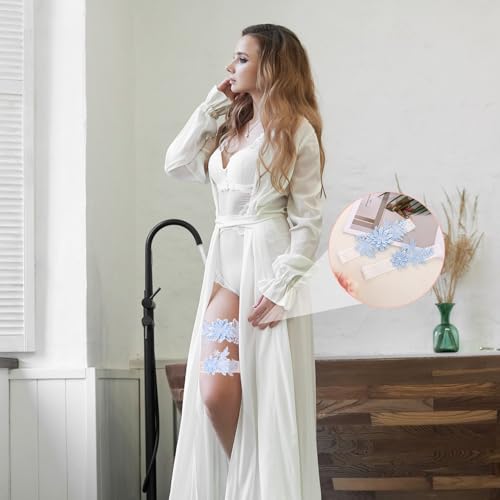 2 Pieces Wedding Garters for Bride, Blue Sexy Lace Leg Garter with Hand Sewn Faux Pearls Thigh Garter Party Prom Garter Set for Anniversary Prom Party Engagement Date4