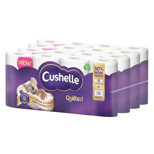 Cushelle Quilted 3-Ply Double Size 50% Longer Soft Absorbent Rolls 32 Pack - 236 Sheets p/roll & HOT Logo Sticker - Sold by HOUSE OF TAPES