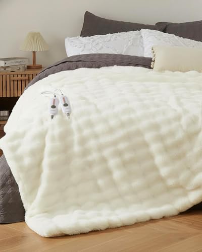 GarveeHome Heated Blanket King Dual Control Faux Fur Electric Blanket with 4 Heat Settings Soft Bubble Heating Blanket with 8 Hour Auto-Off & Overheat Protection for Home Bedroom White