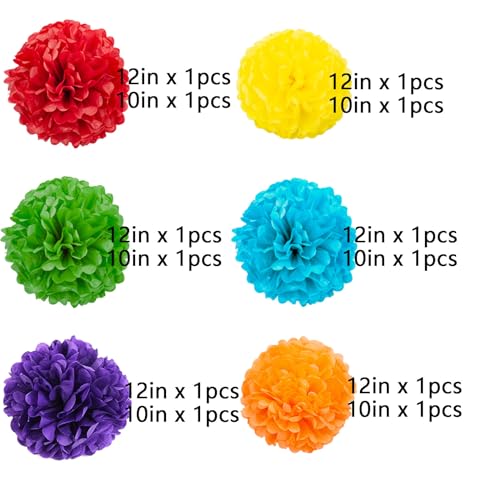 Image of We Moment Rainbow Tissue Hanging Paper pom poms Decorations,Colour Tissue Hanging Paper Pom Poms Flower Ball Wedding Birthday Rainbow Party Baby Shower Decorate,6 Colors of 12 Inch, 10 Inch