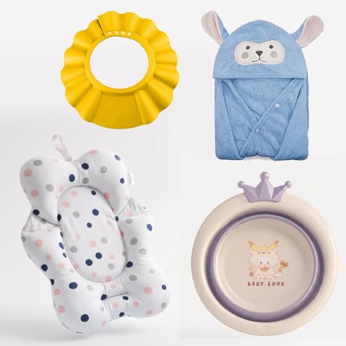 Image of Safe-O-Kid Baby Bath Essentials Kit | 1 Baby Bath Cushion, 1 Hooded Bath Towel, 1 Adjustable Shampoo Shower Cap & Foldable Baby Wash Basin | Newborn & Infant Bath Care Combo - Assorted