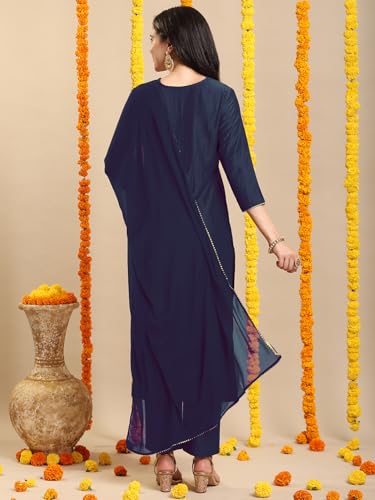 Image of GoSriKi Women's Rayon Viscose Embroidered Straight Kurta with Pant & Dupatta